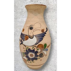 Tonala Folk Art Vase Toucan Flowers Mexican Sandstone Pottery Signed 10" EUC 70s